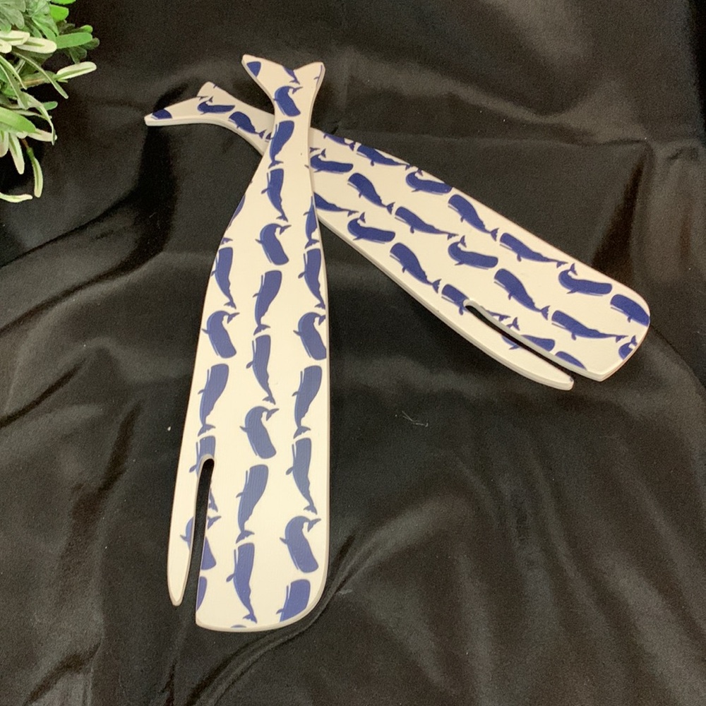 Sigrid Olsen Home navy blue and white melamine “whale” theme salad server /tongs